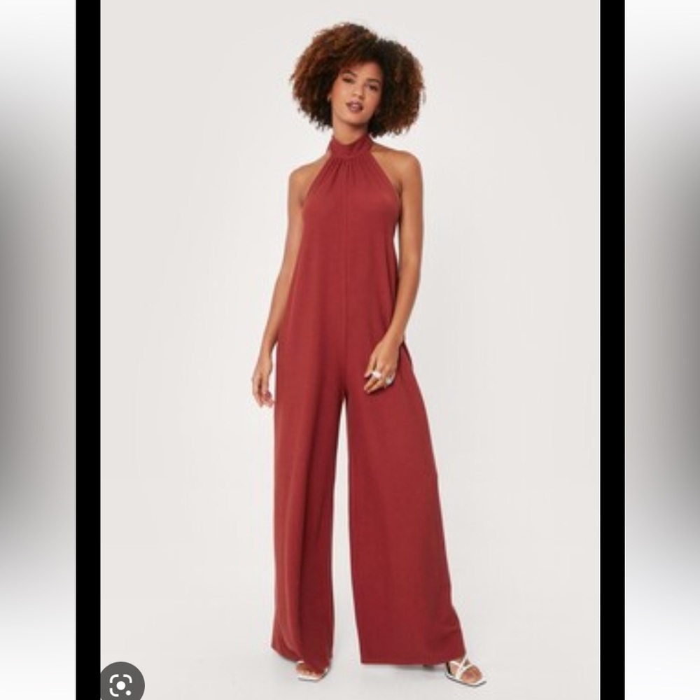 Nasty Gal Ribbed Halter Neck Wide Leg Jumpsuit